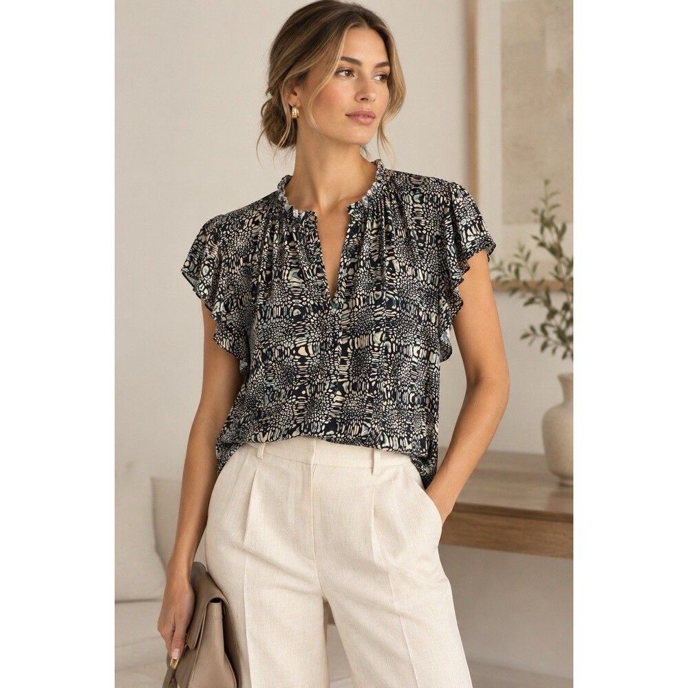 Velvet Heart Womens Large L Blue Abstract Print Flutter Sleeve Tie Neck Blouse